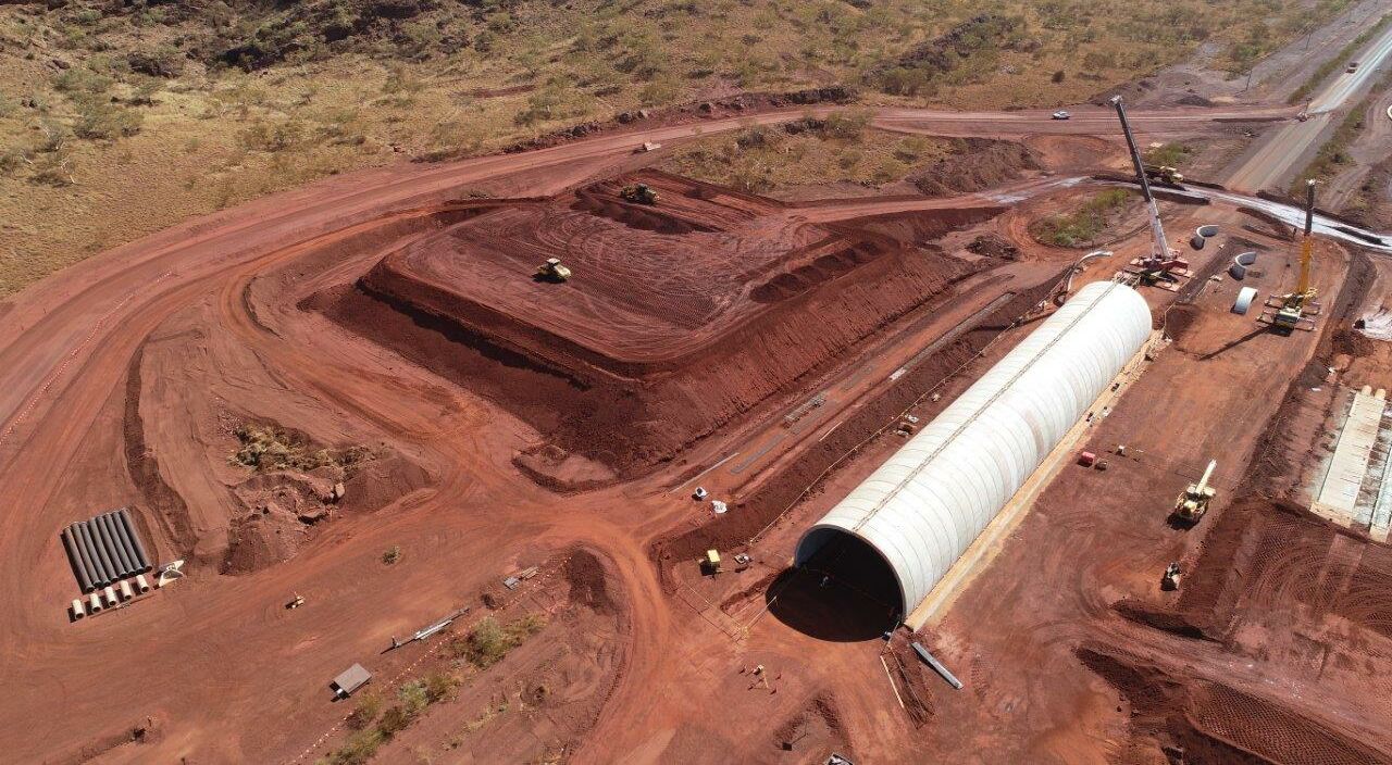 Precast concrete arches, TechSpan, being installed on a mine site in Western Australia