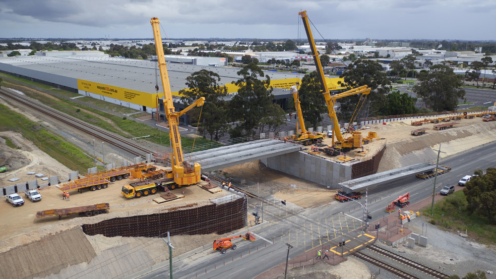 TerraTrel® wire mesh MSE walls aerial view at a road and bridge construction site