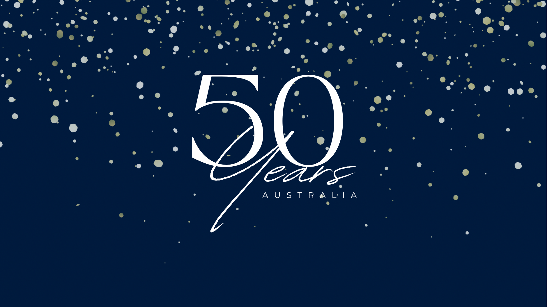 50 year Anniversary Geoquest Australia in blue with white text and golf and white confetti