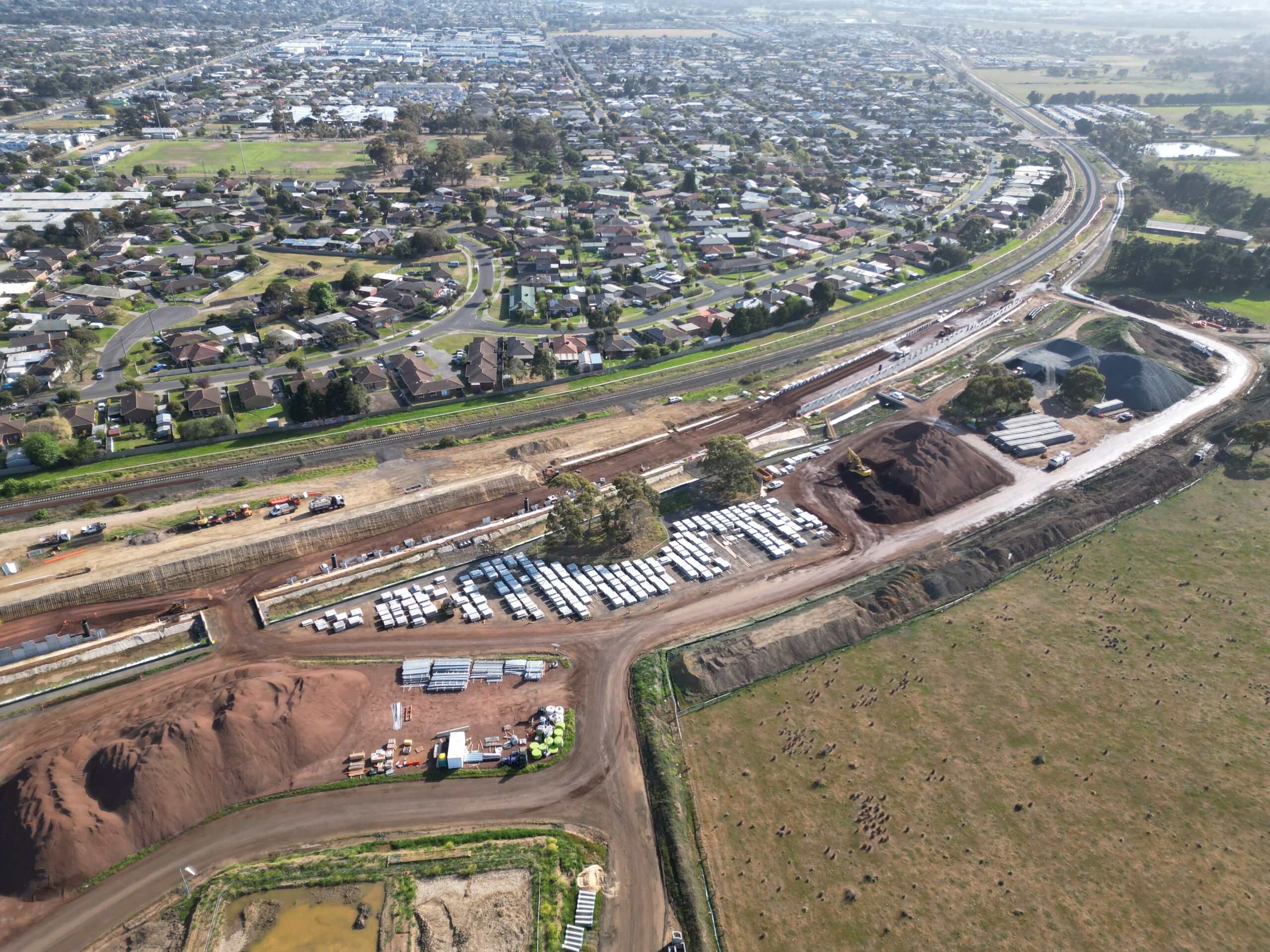 Aerial view of new construction works completed for the South Geelong to Waurn Ponds Duplication Rail Project