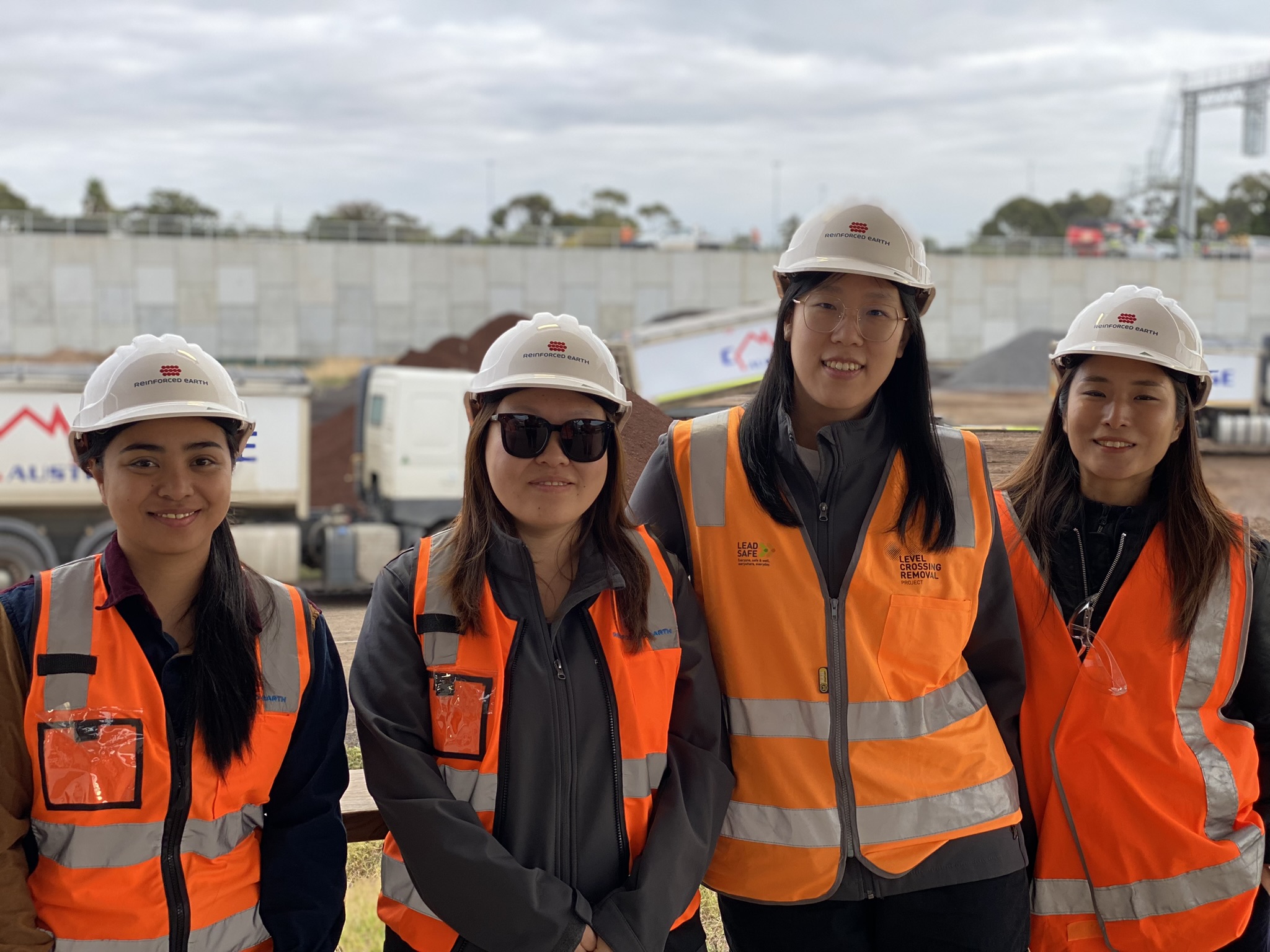 Geoquest design engineers visit the Geoquest walls made of precast concrete and soil interaction structural supports at the South Geelong to Waurn Ponds Duplication Rail Project in Victoria, Australia