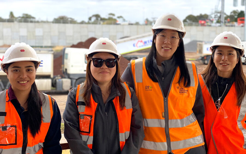 Four female geotechnical engineers working for Geoquest Australia pictured on site in Melbourne, Victoria