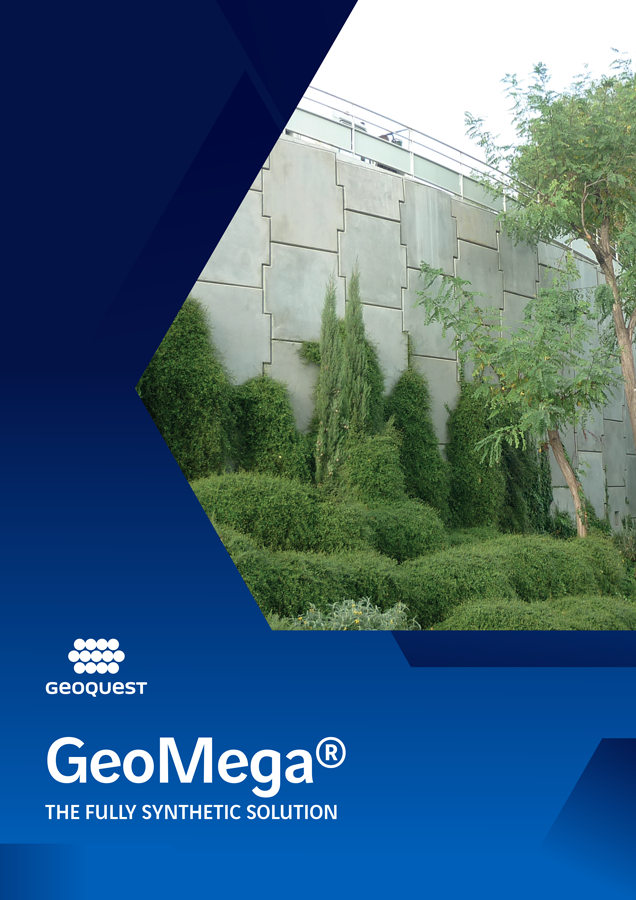 A cover image for a GeoMega retaining wall solution brochure by Geoquest Australia